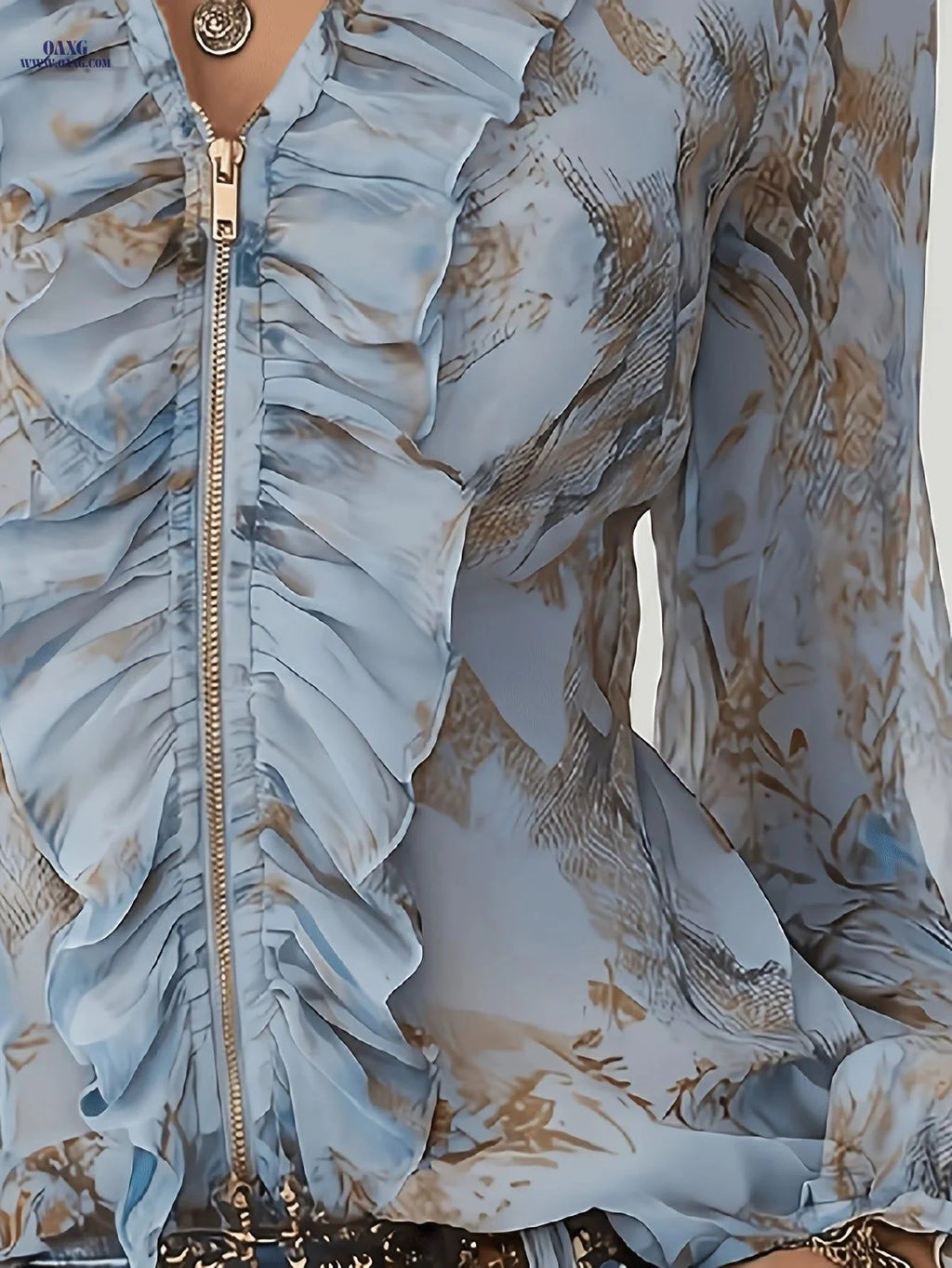 Elegant Glacier Blue Ruffle-trimmed Chiffon Shirt with Zipper   OAXG Light Blue / S