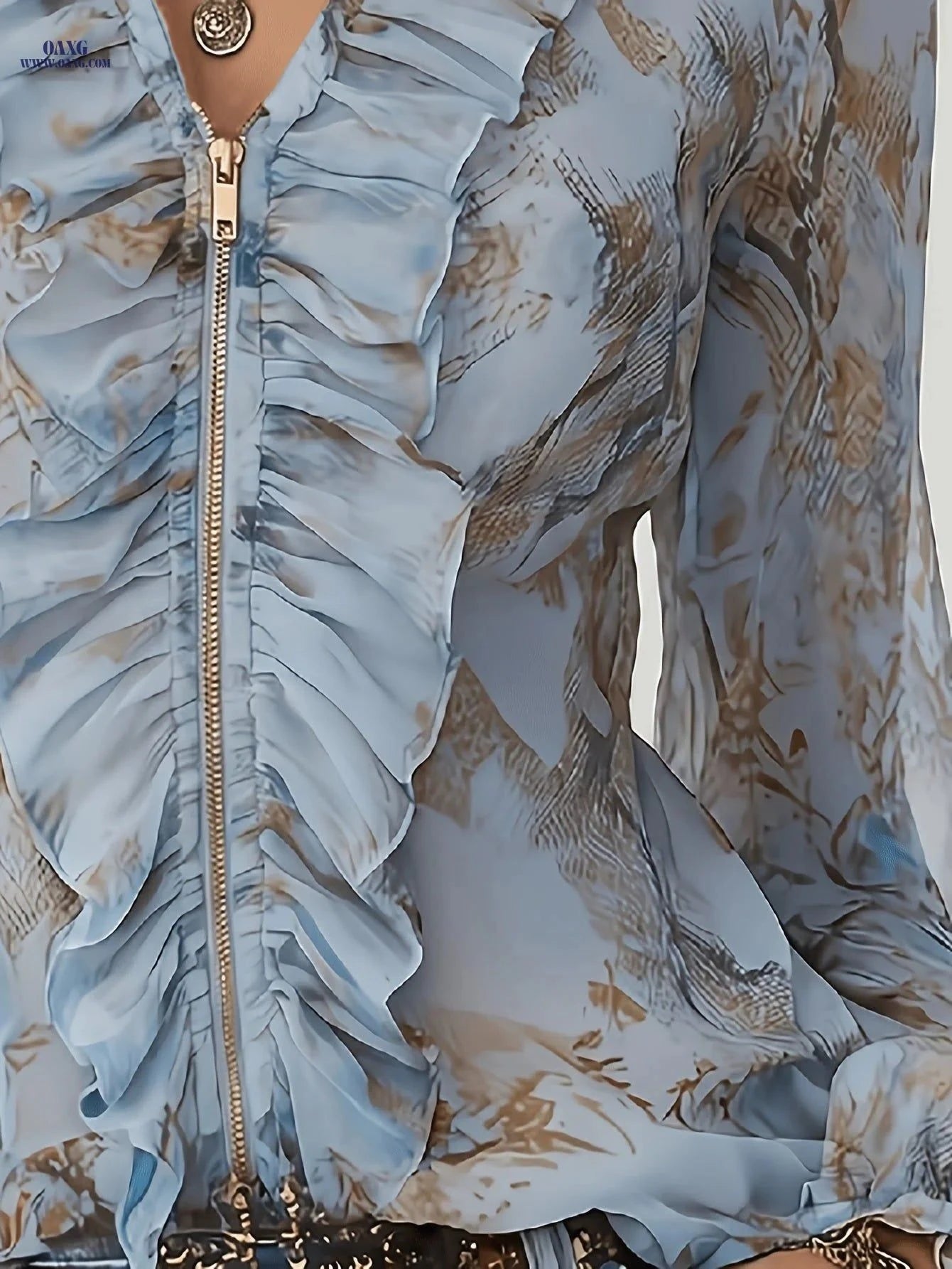 Elegant Glacier Blue Ruffle-trimmed Chiffon Shirt with Zipper   OAXG Light Blue / S