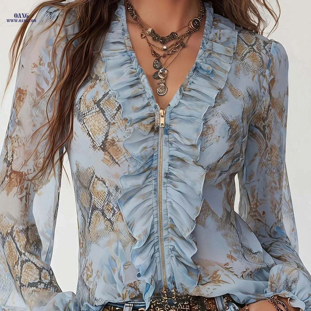 Elegant Glacier Blue Ruffle-trimmed Chiffon Shirt with Zipper   OAXG Light Blue / S