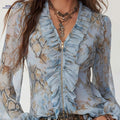 Elegant Glacier Blue Ruffle-trimmed Chiffon Shirt with Zipper   OAXG Light Blue / S