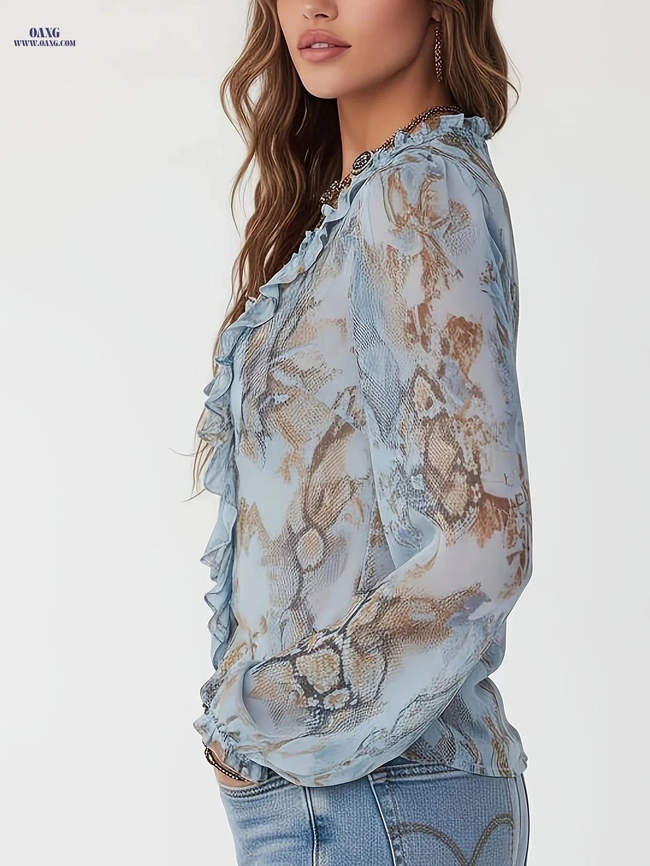 Elegant Glacier Blue Ruffle-trimmed Chiffon Shirt with Zipper   OAXG Light Blue / S