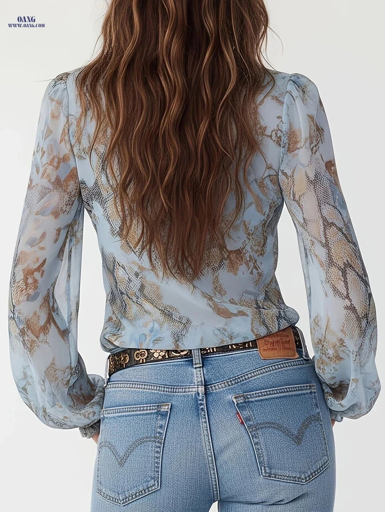 Elegant Glacier Blue Ruffle-trimmed Chiffon Shirt with Zipper   OAXG Light Blue / S