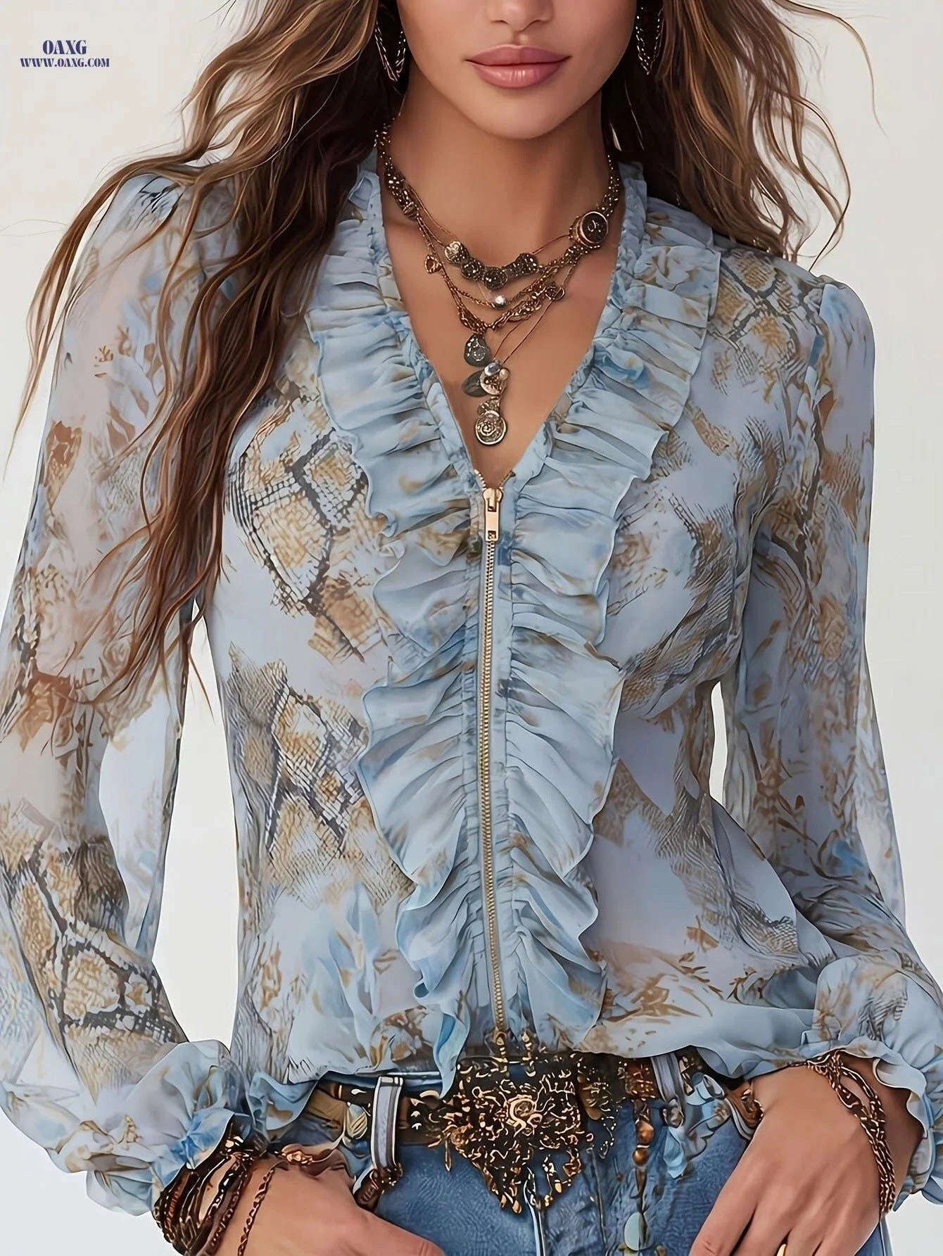 Elegant Glacier Blue Ruffle-trimmed Chiffon Shirt with Zipper   OAXG Light Blue / S