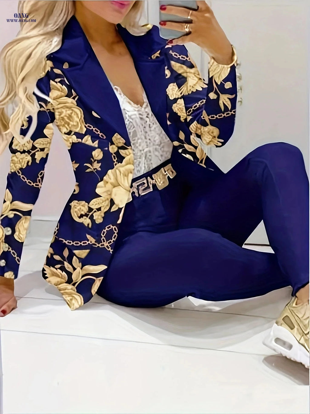 Elegant Golden Floral Chain Print Casual Suit Set for Spring/Fall   OAXG Blue / S