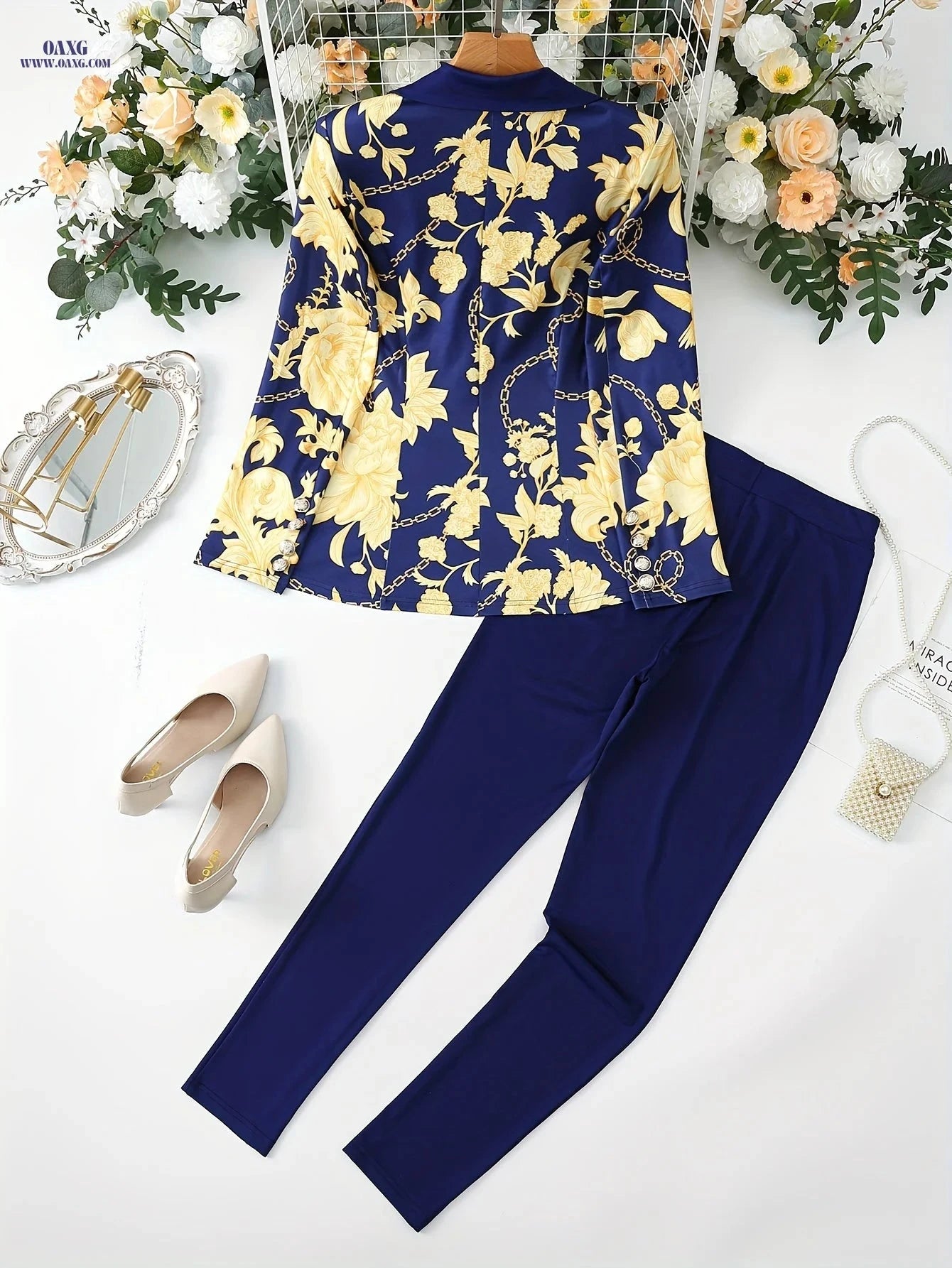 Elegant Golden Floral Chain Print Casual Suit Set for Spring/Fall   OAXG Blue / S