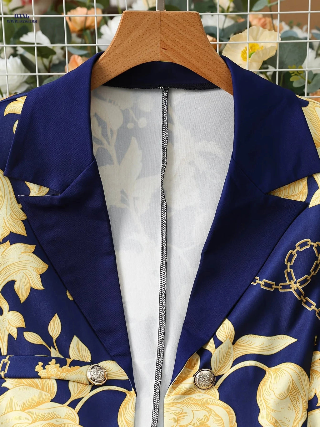 Elegant Golden Floral Chain Print Casual Suit Set for Spring/Fall   OAXG Blue / S