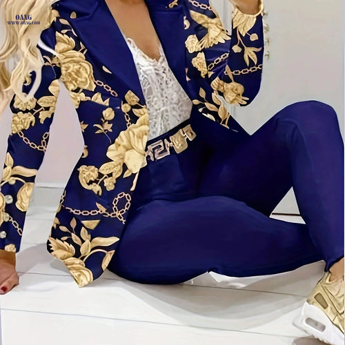 Elegant Golden Floral Chain Print Casual Suit Set for Spring/Fall   OAXG Blue / S