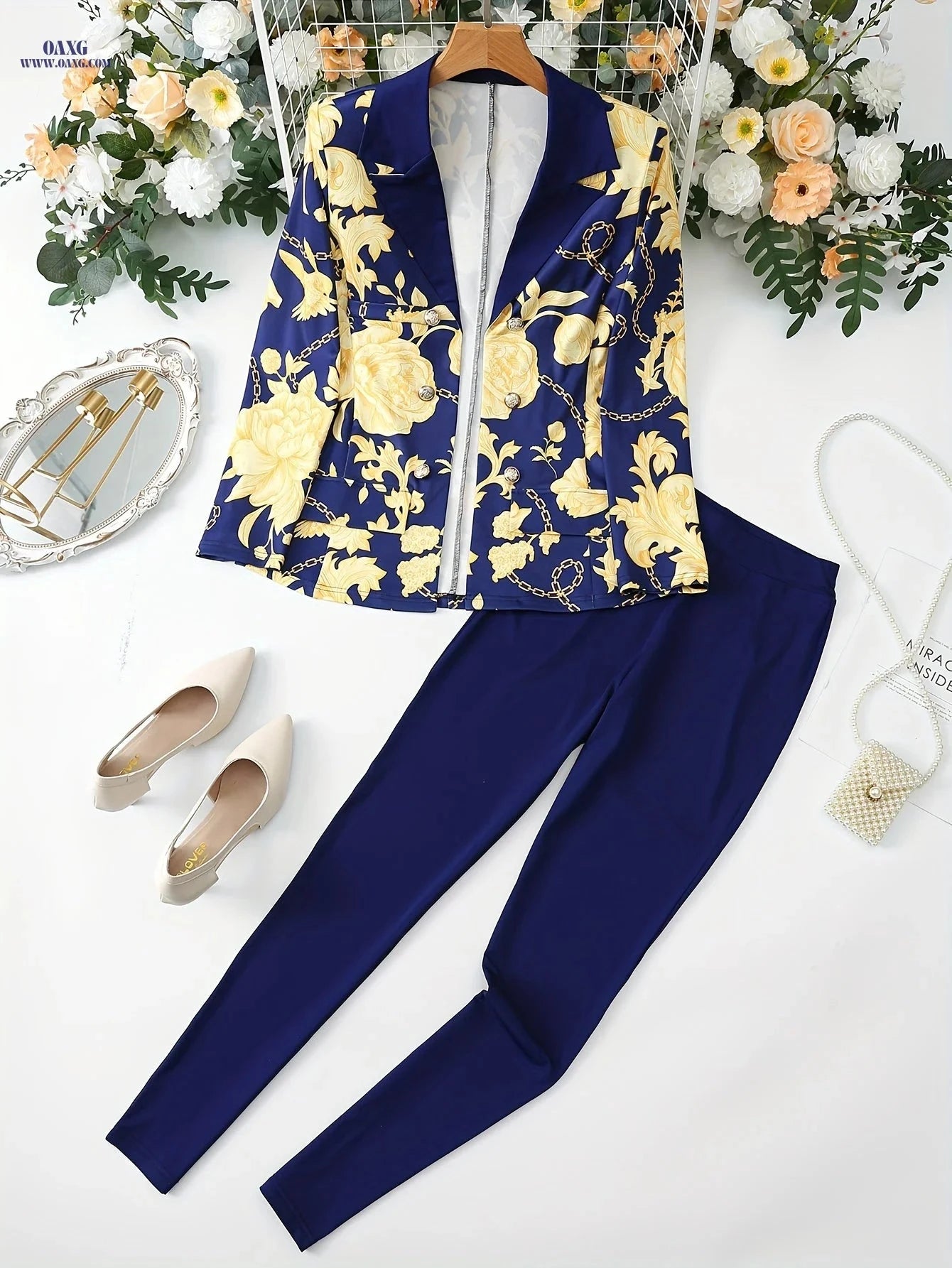 Elegant Golden Floral Chain Print Casual Suit Set for Spring/Fall   OAXG 