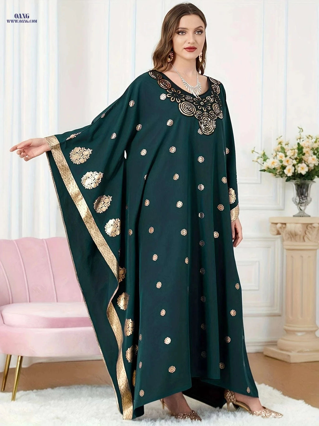 Elegant Golden Foil Floral Abaya - Modest Ruffle Neckline Dress   OAXG 