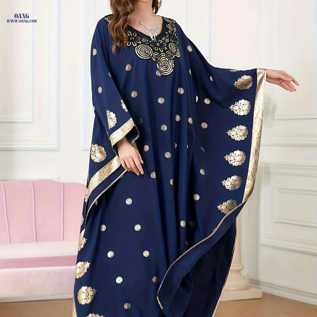 Elegant Golden Foil Floral Abaya - Modest Ruffle Neckline Dress   OAXG 