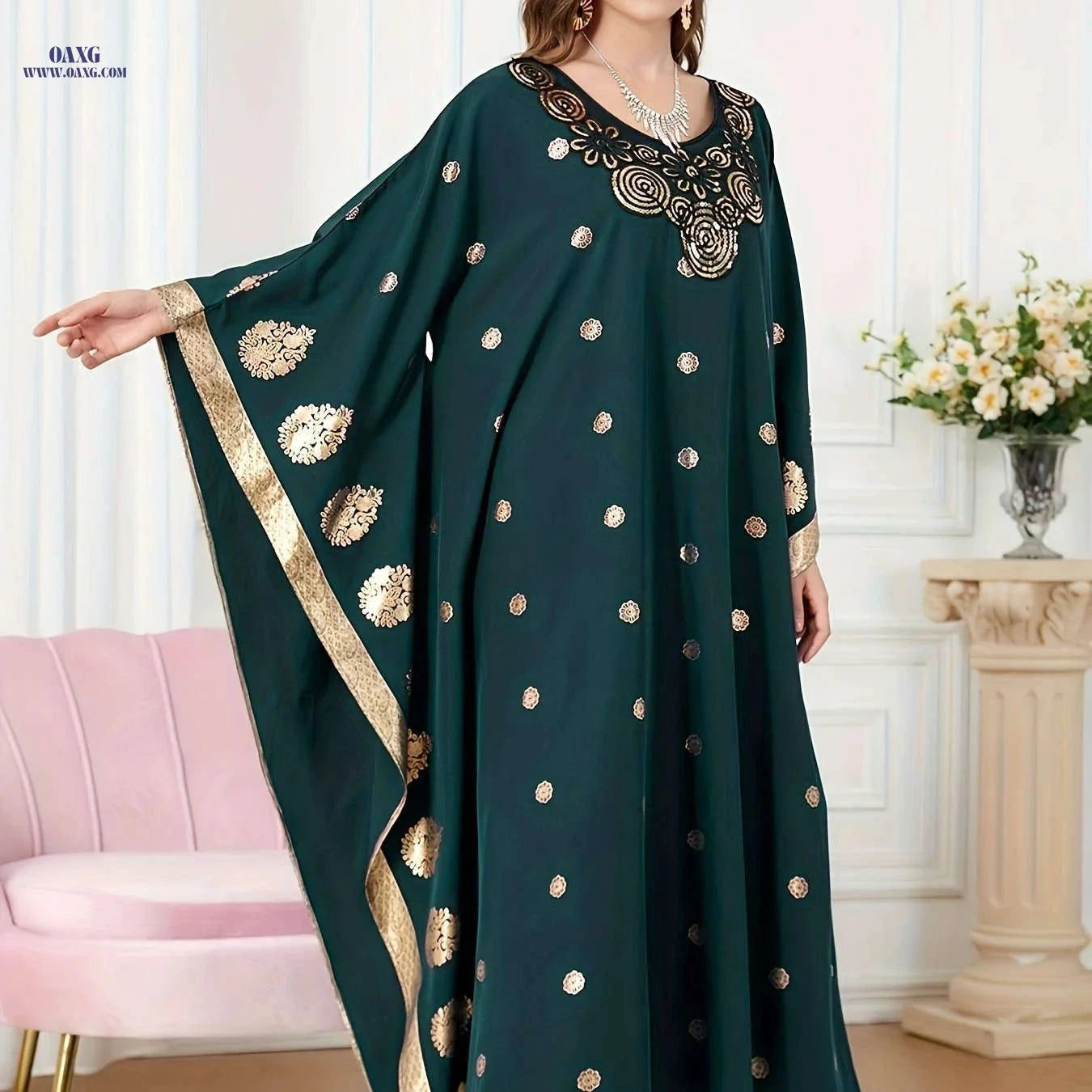 Elegant Golden Foil Floral Abaya - Modest Ruffle Neckline Dress   OAXG 