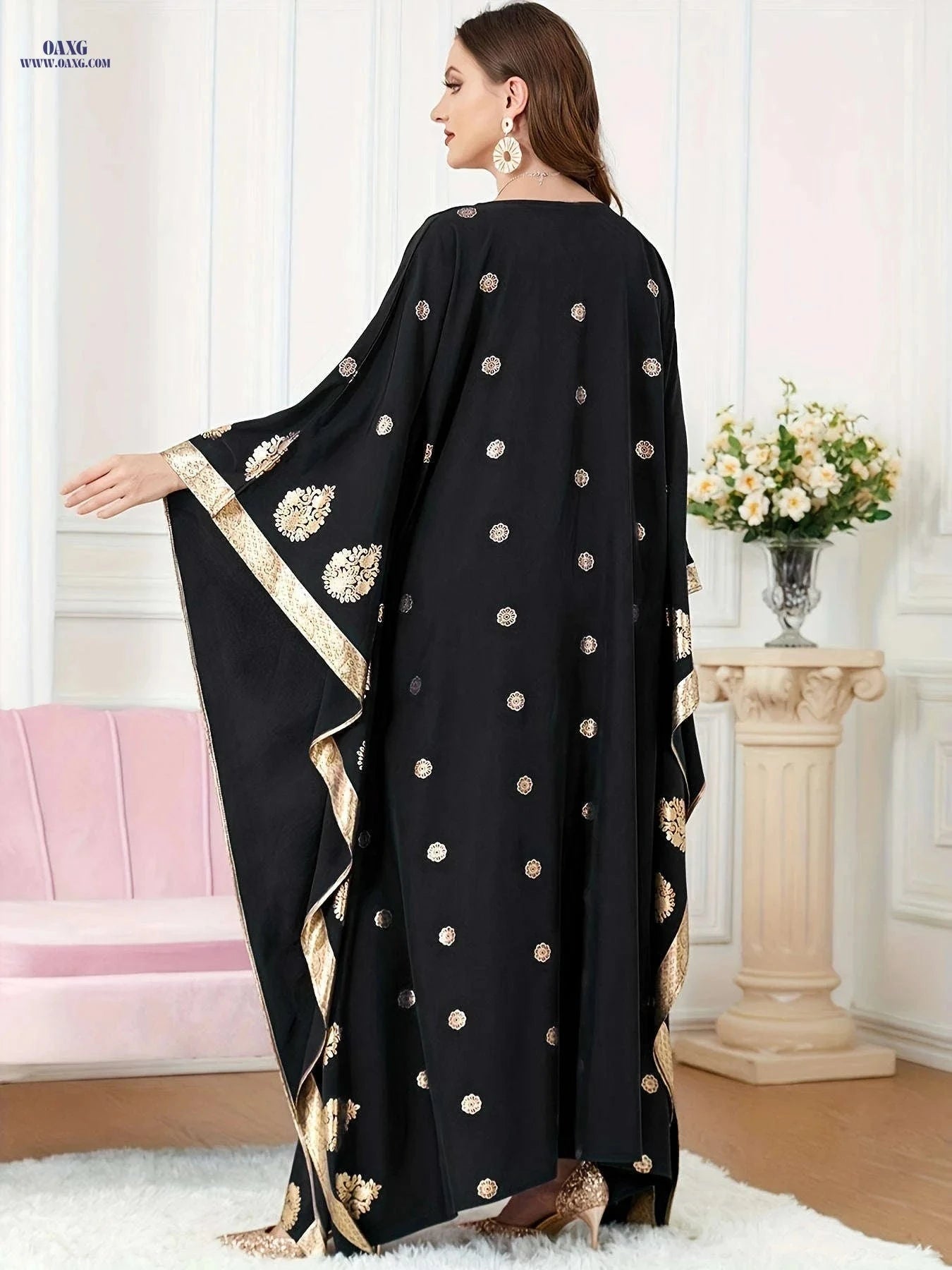 Elegant Golden Foil Floral Abaya - Modest Ruffle Neckline Dress   OAXG Navy Blue / One-size