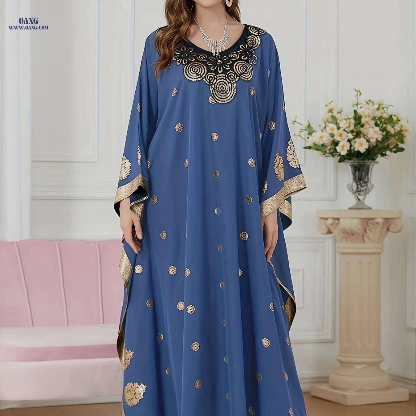 Elegant Golden Foil Floral Abaya - Modest Ruffle Neckline Dress   OAXG Navy Blue / One-size