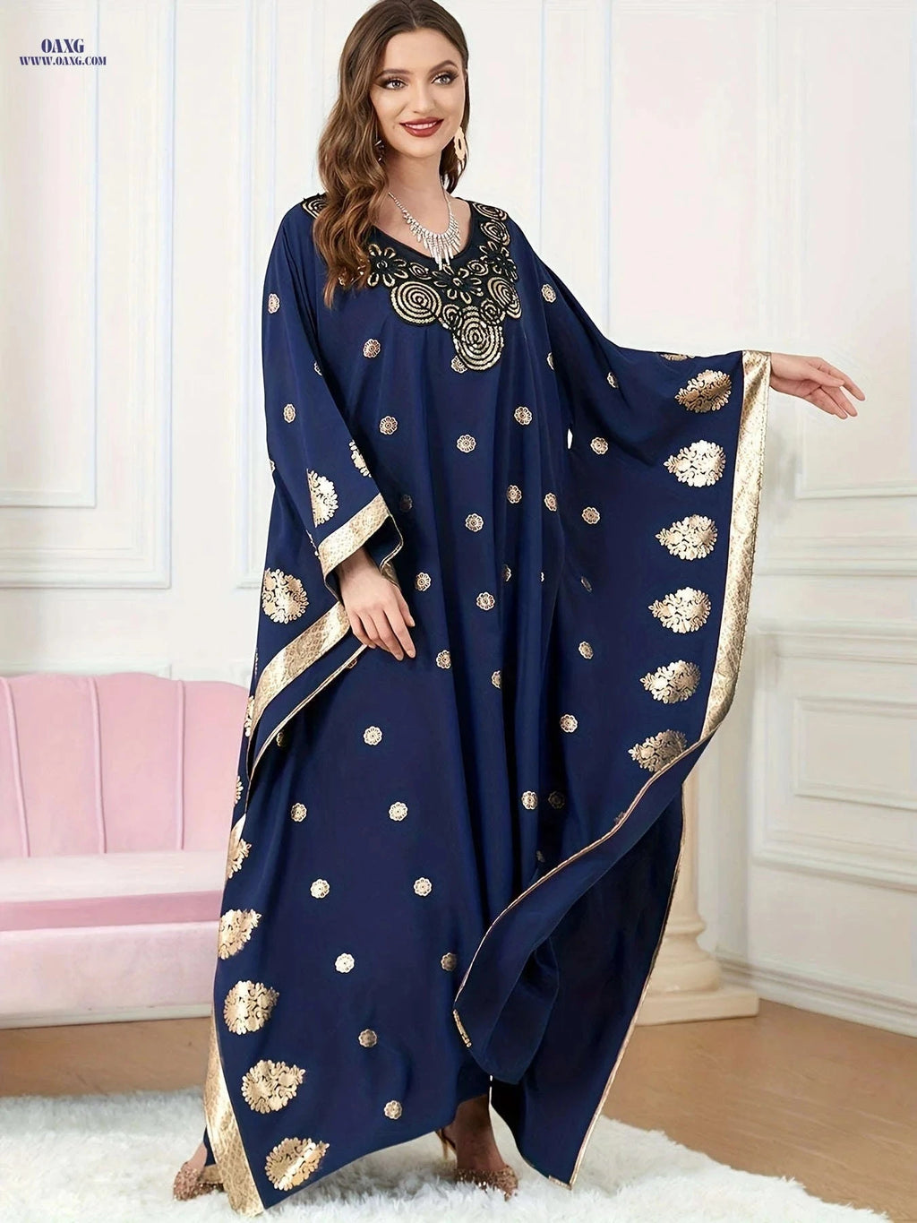 Elegant Golden Foil Floral Abaya - Modest Ruffle Neckline Dress   OAXG Navy Blue / One-size