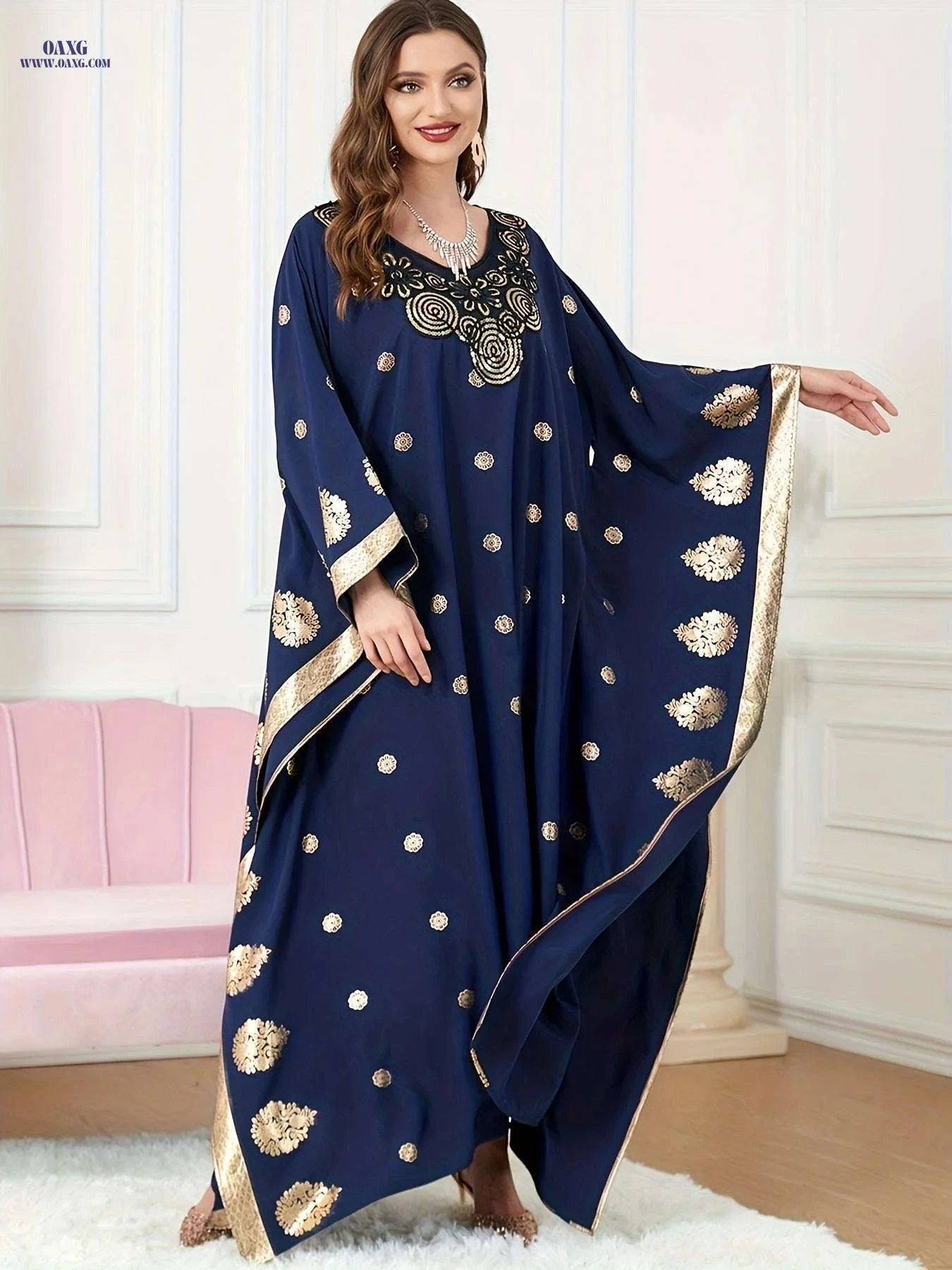Elegant Golden Foil Floral Abaya - Modest Ruffle Neckline Dress   OAXG Navy Blue / One-size