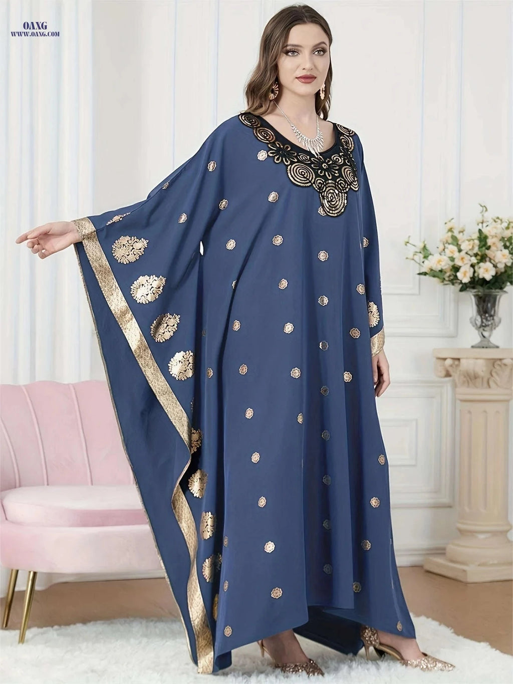 Elegant Golden Foil Floral Abaya - Modest Ruffle Neckline Dress   OAXG Navy Blue / One-size