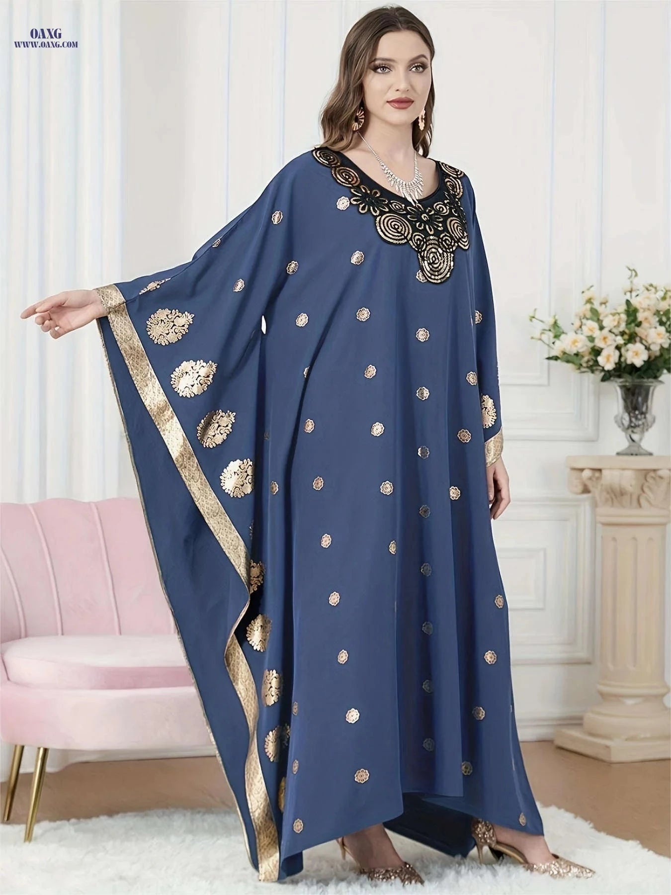 Elegant Golden Foil Floral Abaya - Modest Ruffle Neckline Dress   OAXG Navy Blue / One-size
