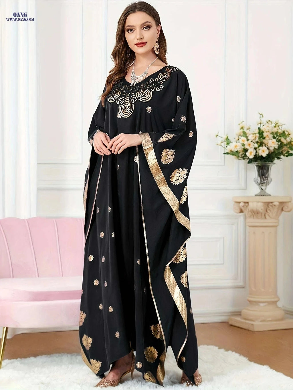 Elegant Golden Foil Floral Abaya - Modest Ruffle Neckline Dress   OAXG Navy Blue / One-size