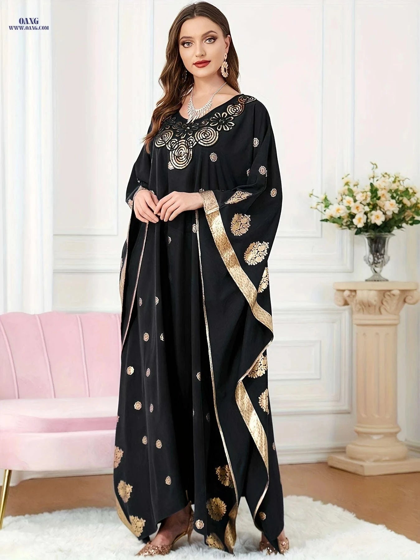 Elegant Golden Foil Floral Abaya - Modest Ruffle Neckline Dress   OAXG Navy Blue / One-size