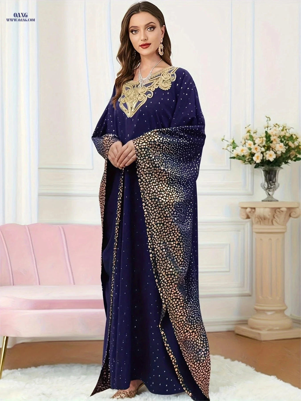 Elegant Golden-Printed Abaya Robe - Luxurious Middle Eastern Style   OAXG Dark Green / One-size
