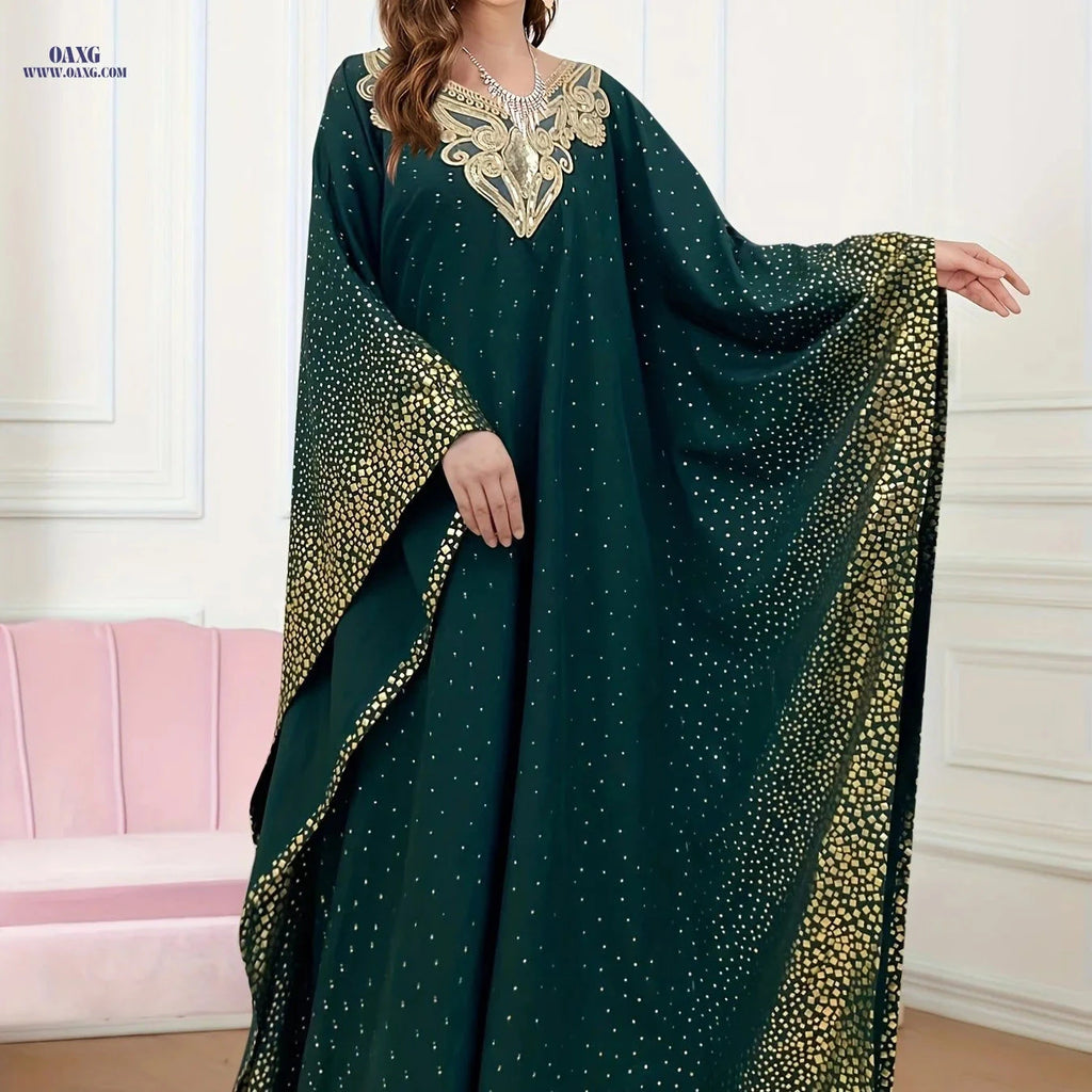 Elegant Golden-Printed Abaya Robe - Luxurious Middle Eastern Style   OAXG 