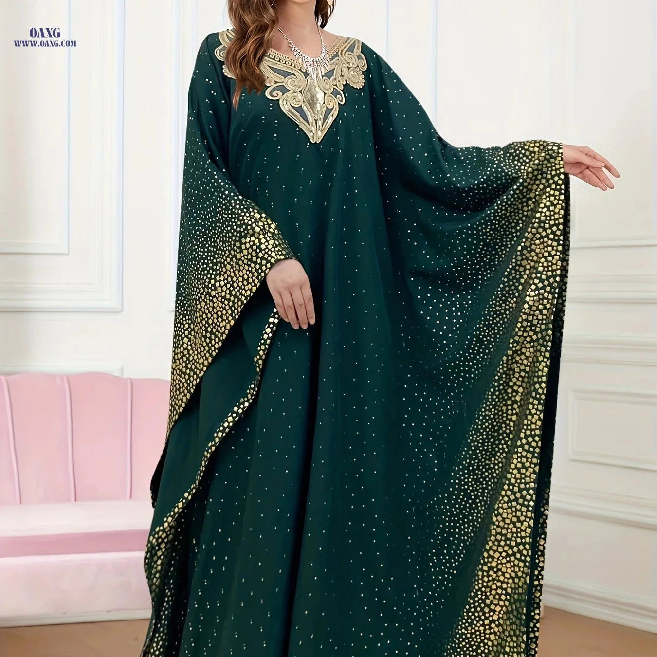 Elegant Golden-Printed Abaya Robe - Luxurious Middle Eastern Style   OAXG 