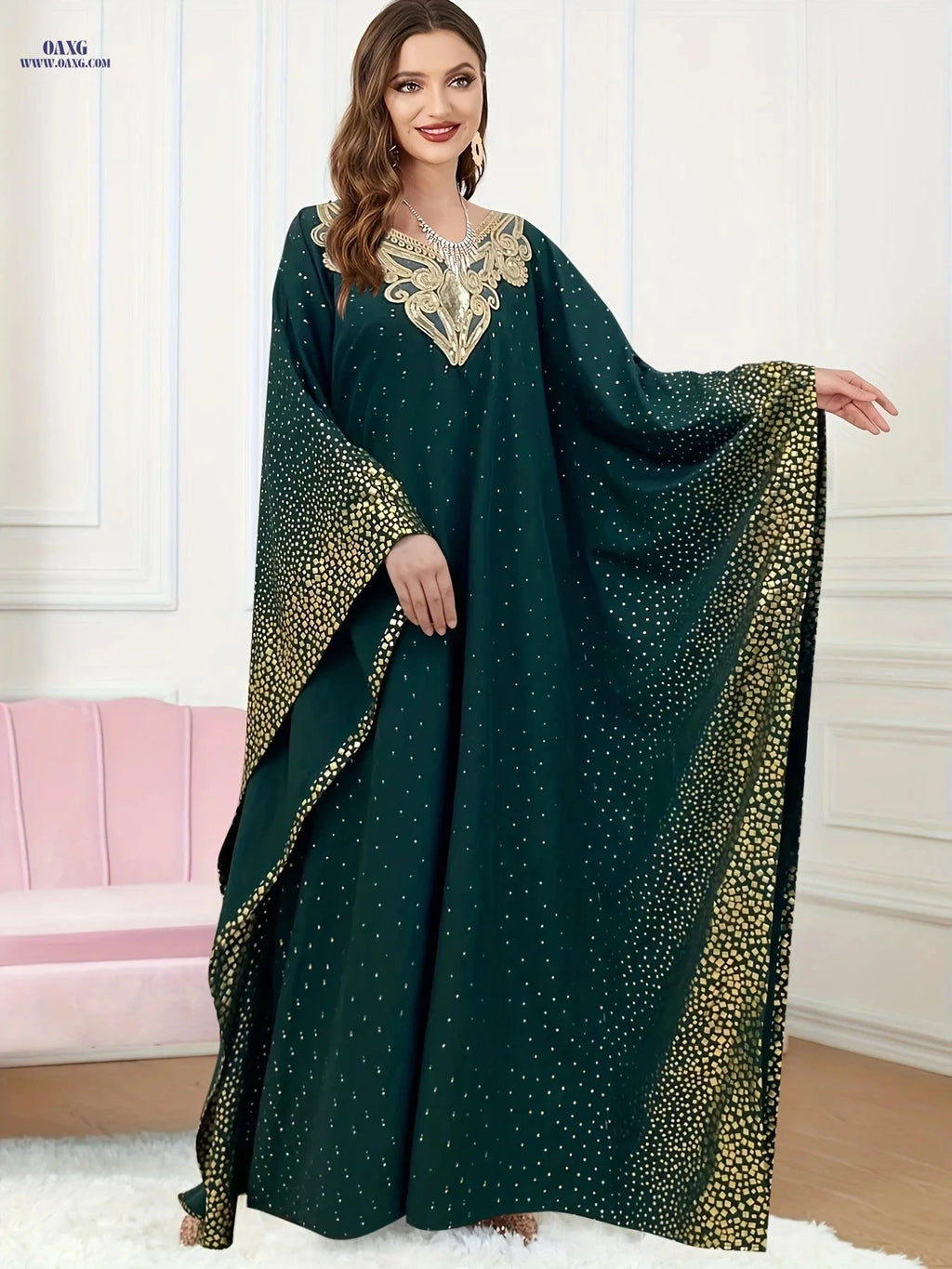 Elegant Golden-Printed Abaya Robe - Luxurious Middle Eastern Style   OAXG 