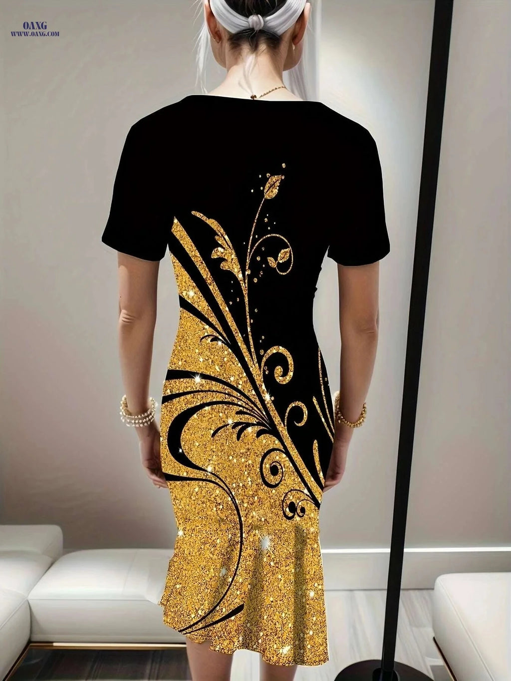 Elegant Graphic Print Bodycon Dress - V-neck & Ruffle Trim, Summer   OAXG 