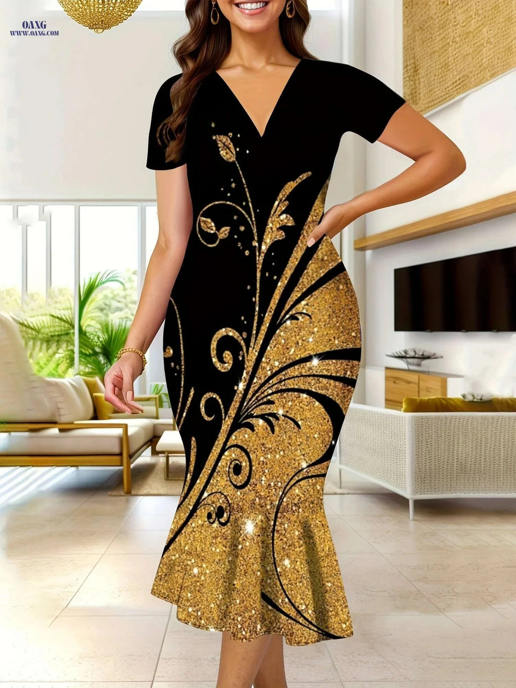 Elegant Graphic Print Bodycon Dress - V-neck & Ruffle Trim, Summer   OAXG 