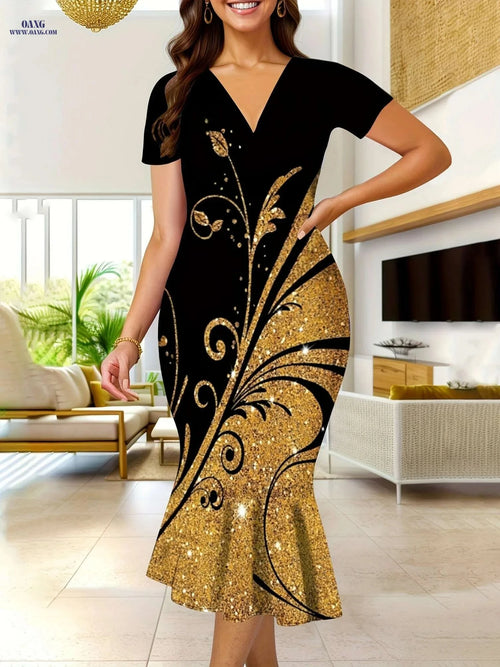 Elegant Graphic Print Bodycon Dress - V-neck & Ruffle Trim, Summer   OAXG 