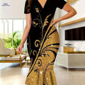 Elegant Graphic Print Bodycon Dress - V-neck & Ruffle Trim, Summer   OAXG 
