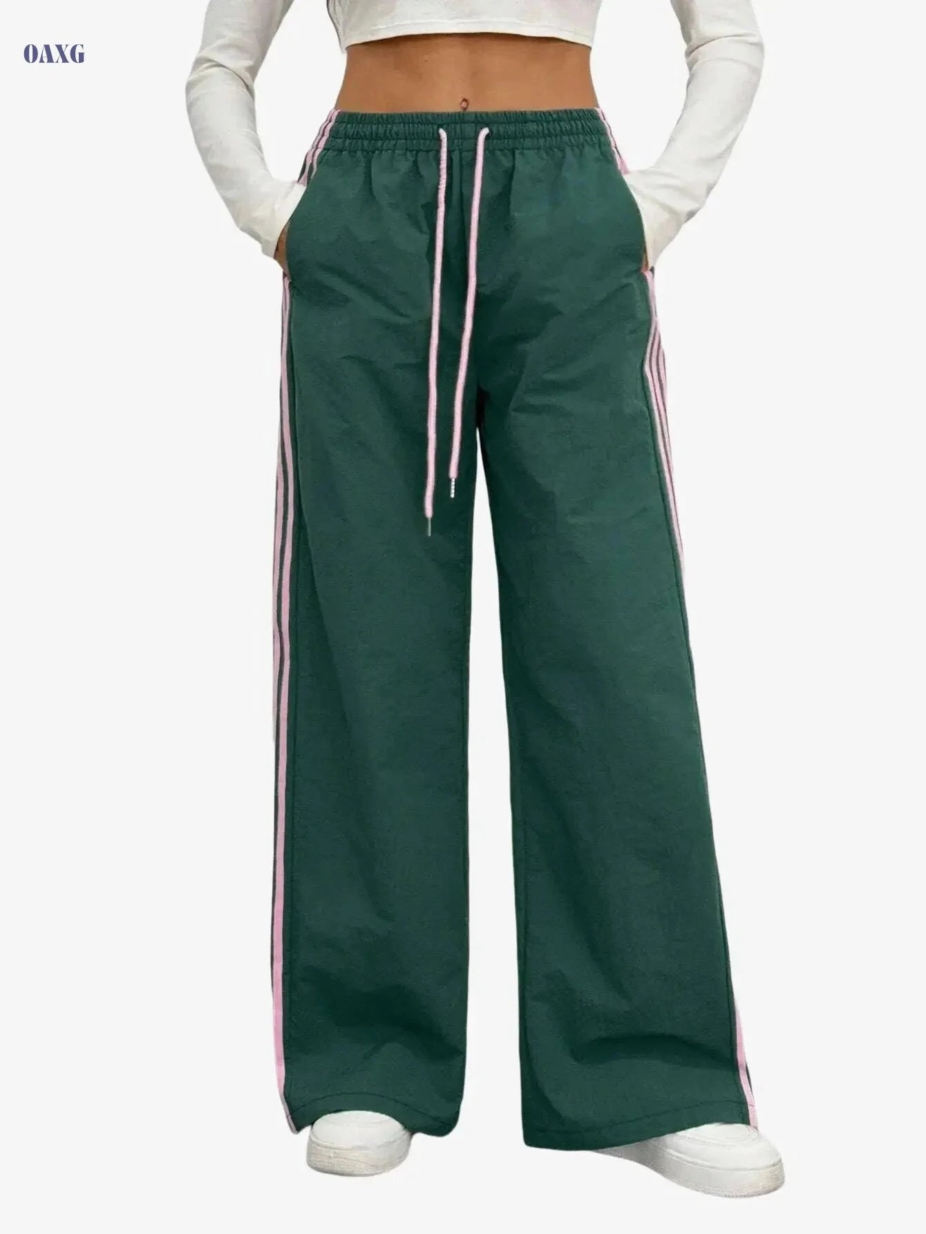Elegant Green & Pink Striped Jogger Pants - Casual Gym Wear   OAXG 