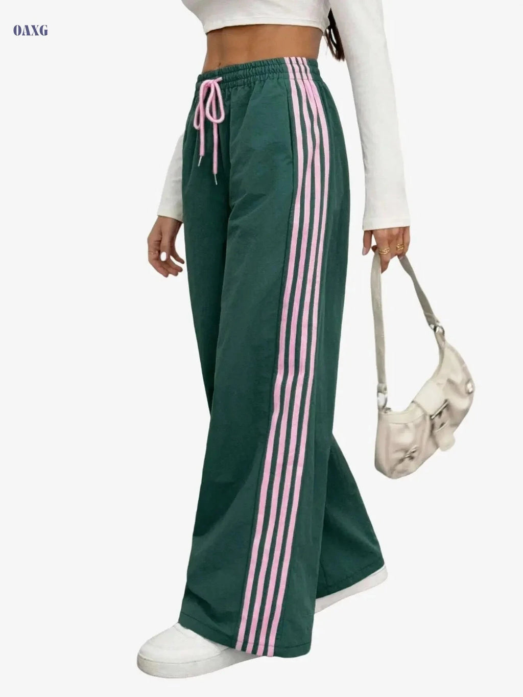 Elegant Green & Pink Striped Jogger Pants - Casual Gym Wear   OAXG Dark Green / XS