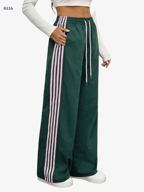 Elegant Green & Pink Striped Jogger Pants - Casual Gym Wear   OAXG Dark Green / XS