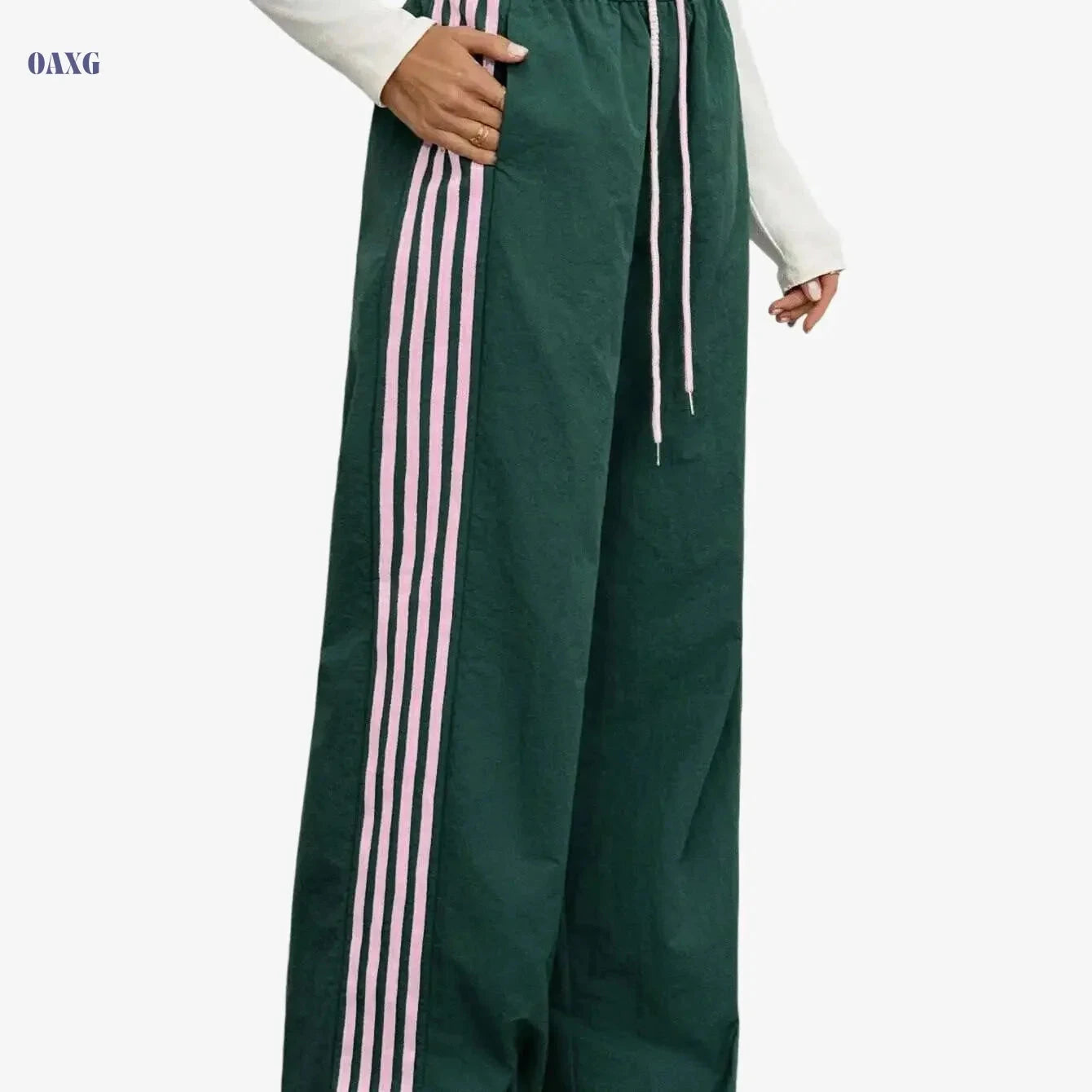 Elegant Green & Pink Striped Jogger Pants - Casual Gym Wear   OAXG 