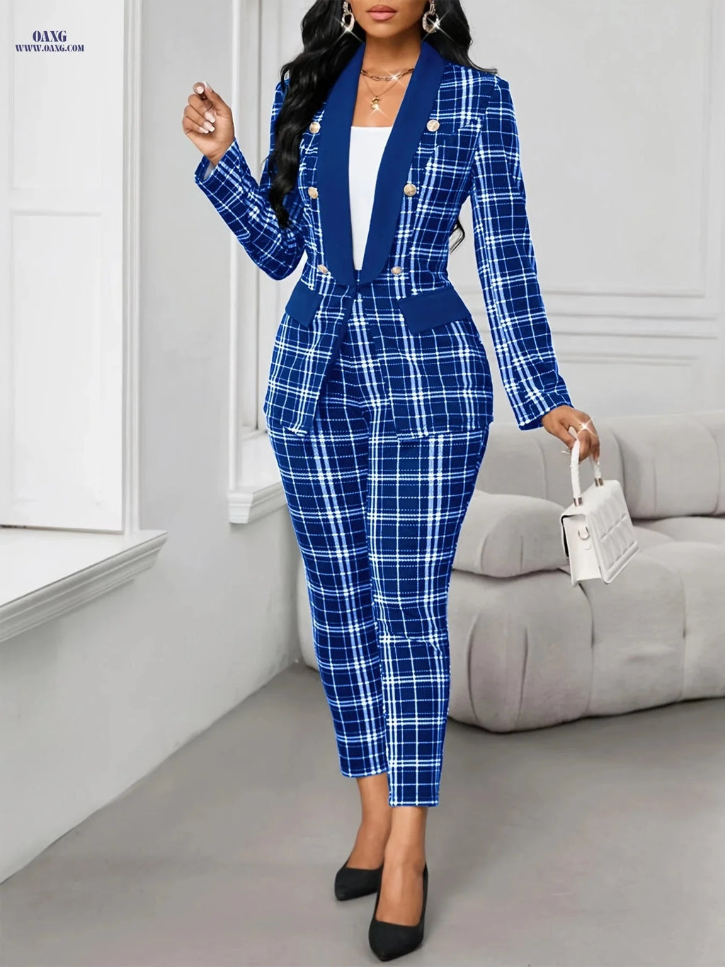 Elegant Green Plaid Suit for Women - Chic Blazer & Pants Set   OAXG Black / S