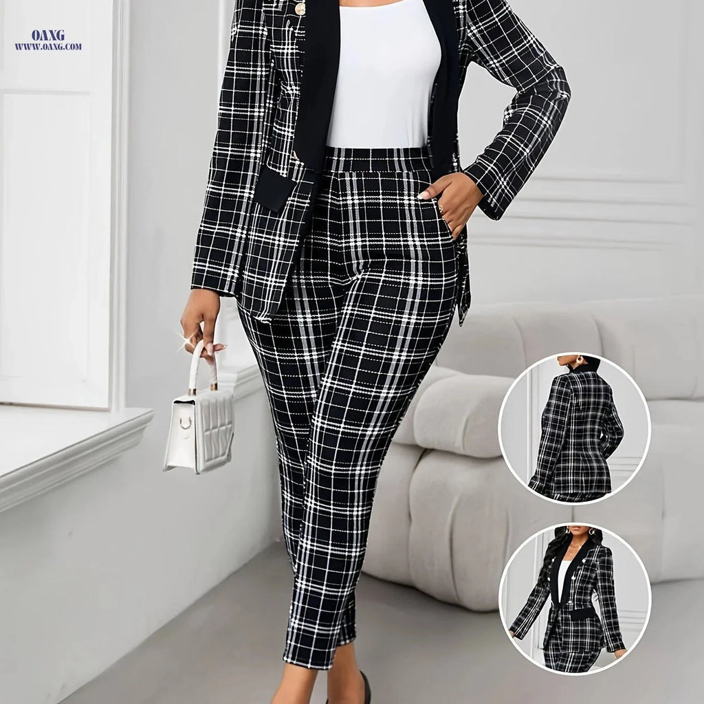 Elegant Green Plaid Suit for Women - Chic Blazer & Pants Set   OAXG Black / S