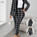 Elegant Green Plaid Suit for Women - Chic Blazer & Pants Set   OAXG Black / S