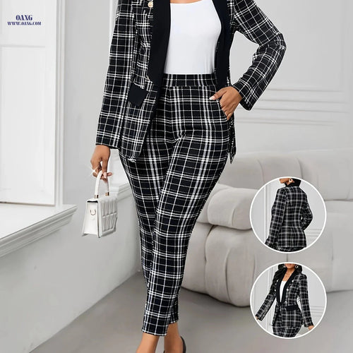 Elegant Green Plaid Suit for Women - Chic Blazer & Pants Set   OAXG Black / S