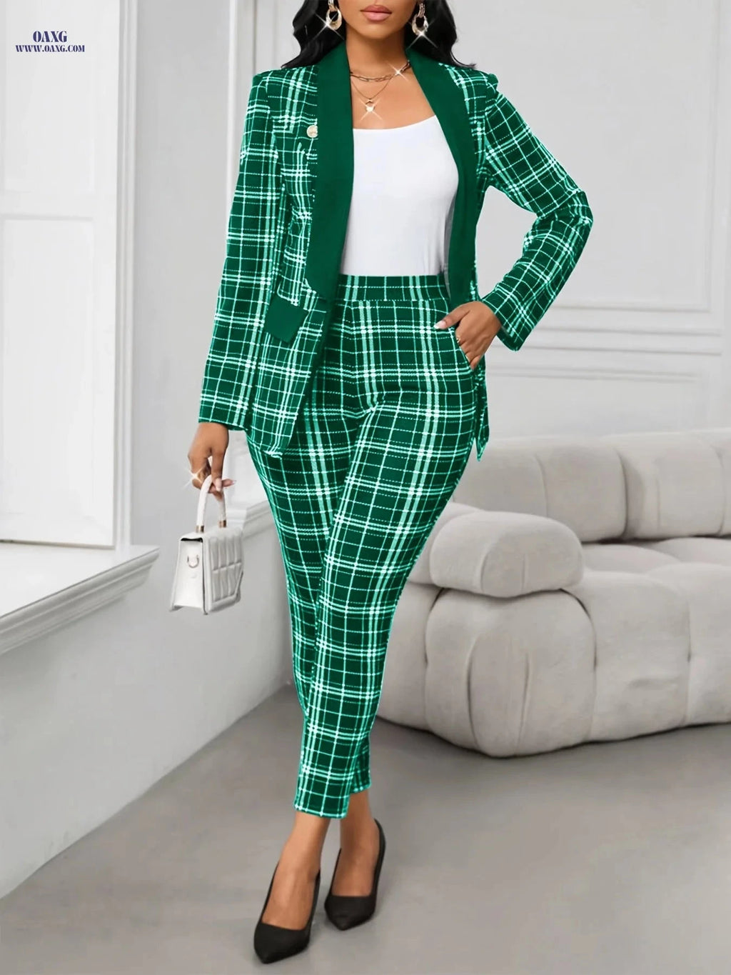 Elegant Green Plaid Suit for Women - Chic Blazer & Pants Set   OAXG Black / S
