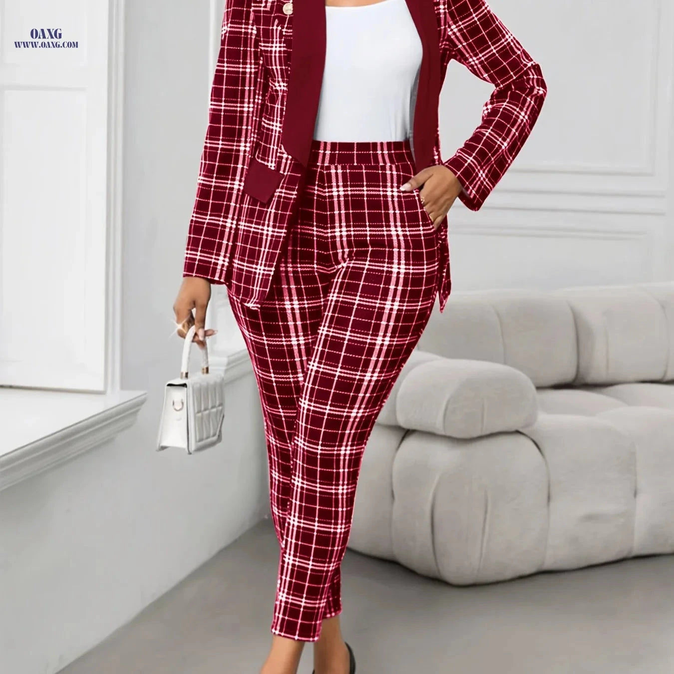 Elegant Green Plaid Suit for Women - Chic Blazer & Pants Set   OAXG Black / S