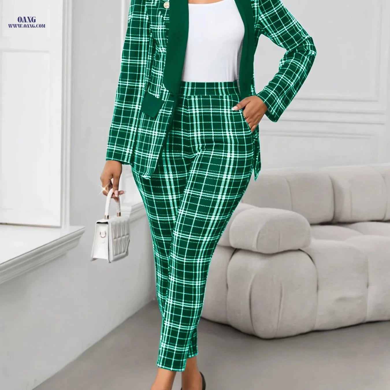 Elegant Green Plaid Suit for Women - Chic Blazer & Pants Set   OAXG Black / S