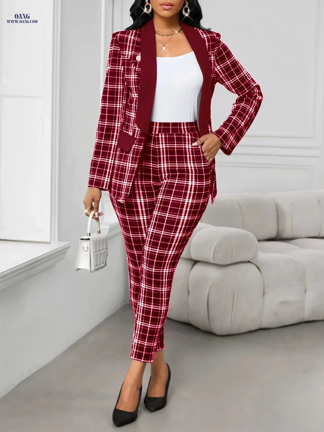 Elegant Green Plaid Suit for Women - Chic Blazer & Pants Set   OAXG Black / S