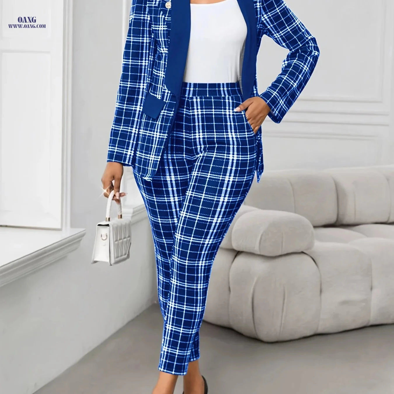 Elegant Green Plaid Suit for Women - Chic Blazer & Pants Set   OAXG 