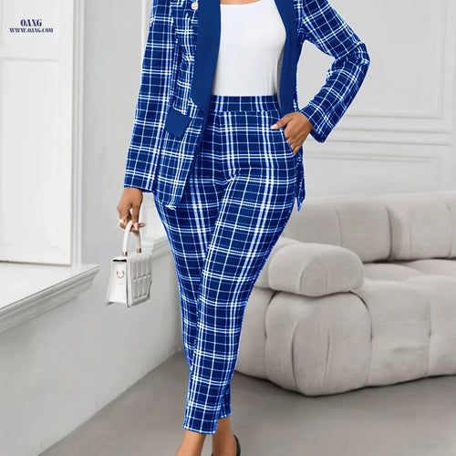 Elegant Green Plaid Suit for Women - Chic Blazer & Pants Set   OAXG 