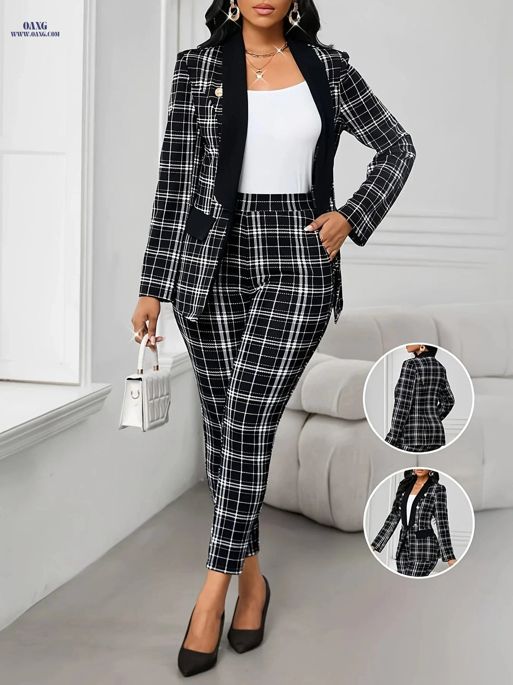 Elegant Green Plaid Suit for Women - Chic Blazer & Pants Set   OAXG 