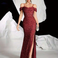 Elegant Green Sequin Gown - Off-Shoulder, High Thigh Slit Design   OAXG 