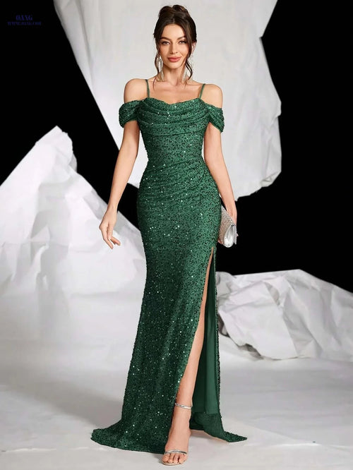 Elegant Green Sequin Gown - Off-Shoulder, High Thigh Slit Design   OAXG Golden / XS