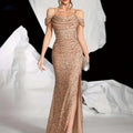 Elegant Green Sequin Gown - Off-Shoulder, High Thigh Slit Design   OAXG 