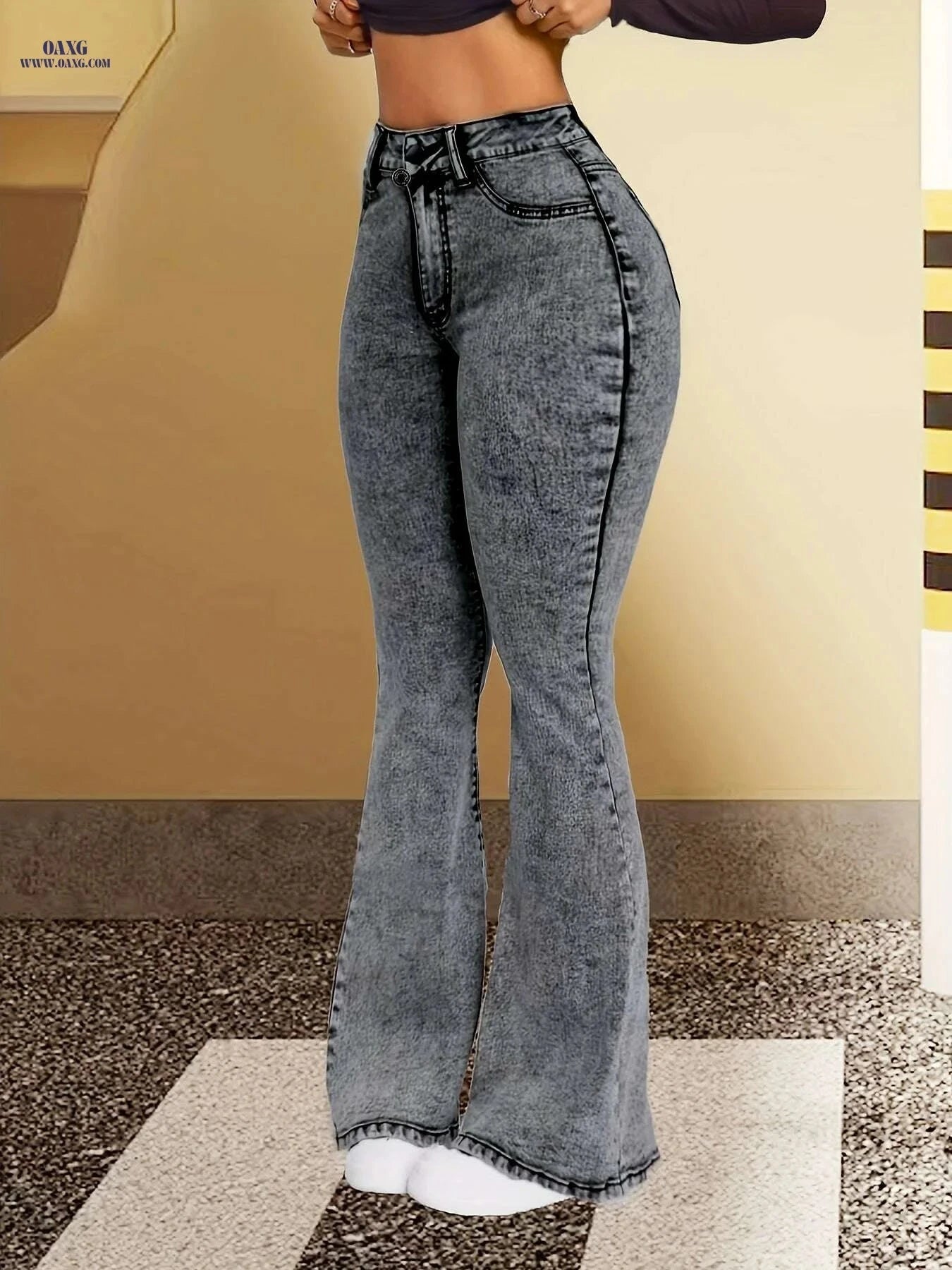 Elegant Grey Slim-Fit Flare Jeans for Women - High Waist Comfort   OAXG grey / XS